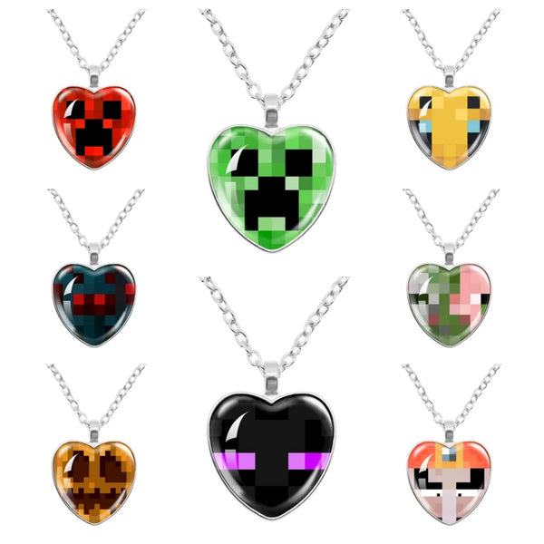 Funny Pixel Block Theme Cartoon Pattern My World Glass Heart-Shape 25mm Pendant Necklace Charm    Jewelry Accessories Gift