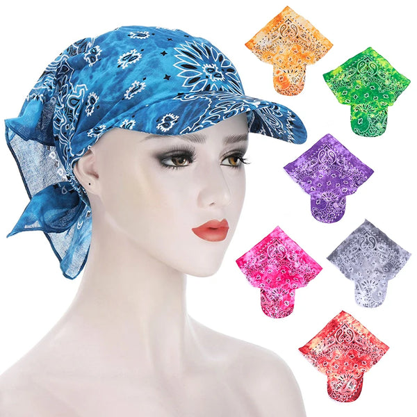 Bandana Turban Square Scarf Hat Boho Paisley Floral Tie Knot Back Cotton Baseball Cap Adjustable Women Headscarf Sun Visor Hat